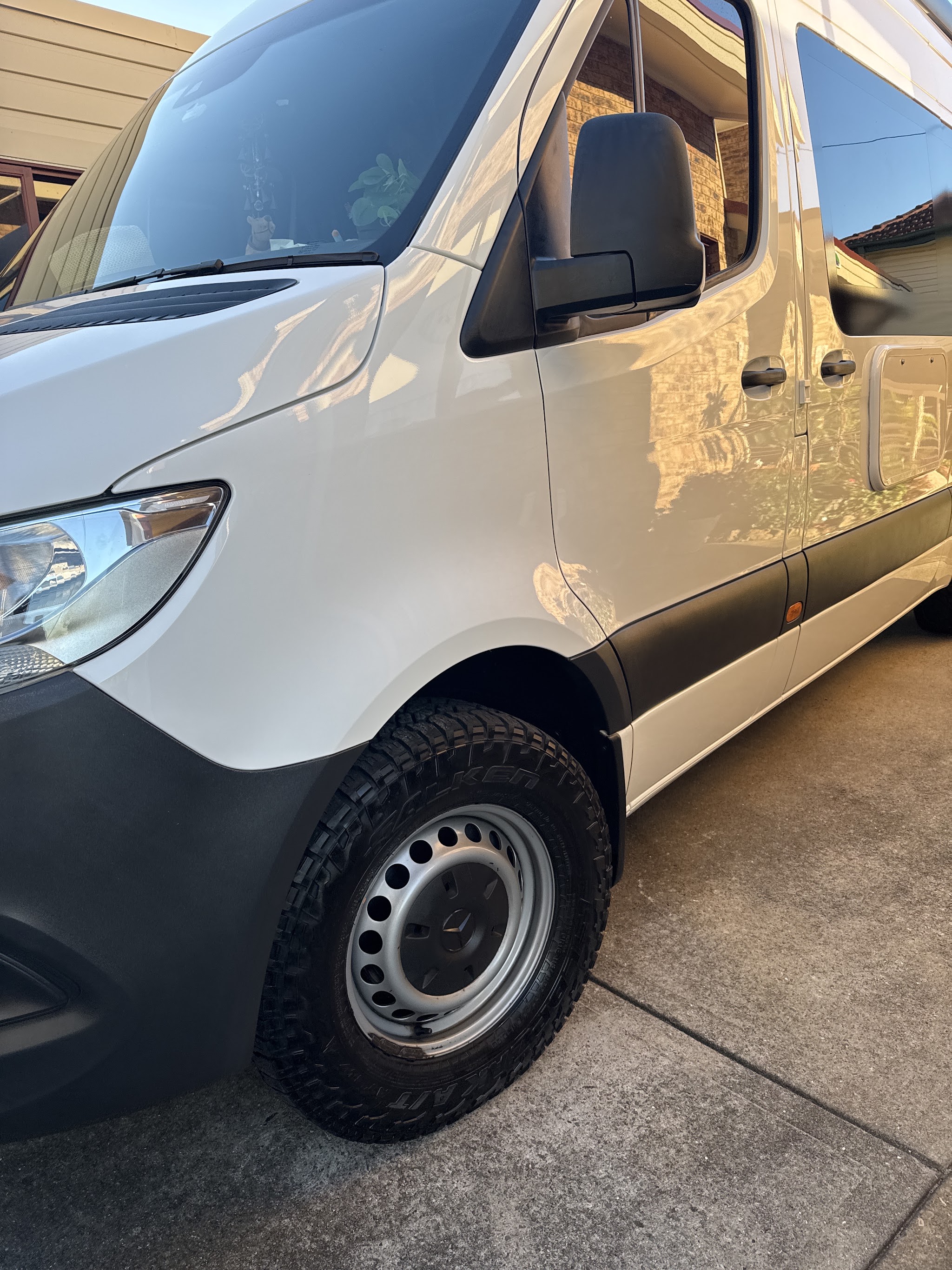 A white Mercedes Sprinter van detailed to a high gloss finish
